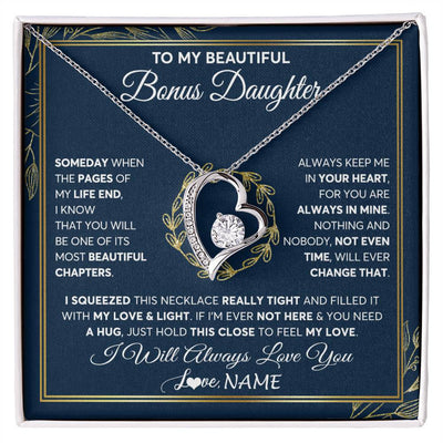 Forever Love Necklace 14K White Gold Finish | Personalized To My Beautiful Bonus Daughter Necklace From Stepmom Someday Stepdaughter Birthday Christmas Jewelry Charm Customized Gift Box Message Card | siriusteestore