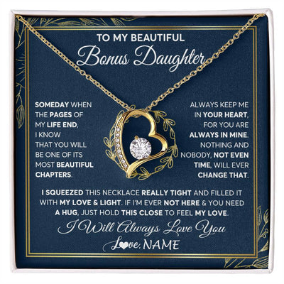 Forever Love Necklace 18K Yellow Gold Finish | Personalized To My Beautiful Bonus Daughter Necklace From Stepmom Someday Stepdaughter Birthday Christmas Jewelry Charm Customized Gift Box Message Card | siriusteestore