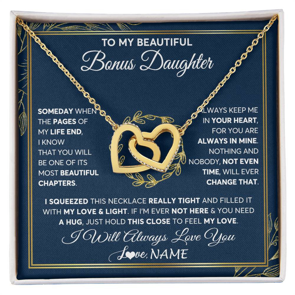 Interlocking Hearts Necklace 18K Yellow Gold Finish | Personalized To My Beautiful Bonus Daughter Necklace From Stepmom Someday Stepdaughter Birthday Christmas Jewelry Charm Customized Gift Box Message Card | siriusteestore