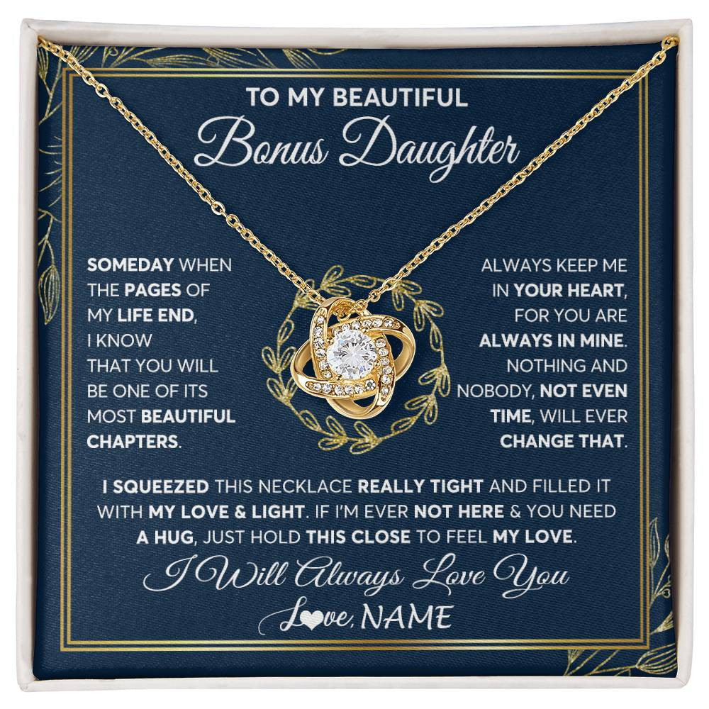 Love Knot Necklace 18K Yellow Gold Finish | Personalized To My Beautiful Bonus Daughter Necklace From Stepmom Someday Stepdaughter Birthday Christmas Jewelry Charm Customized Gift Box Message Card | siriusteestore