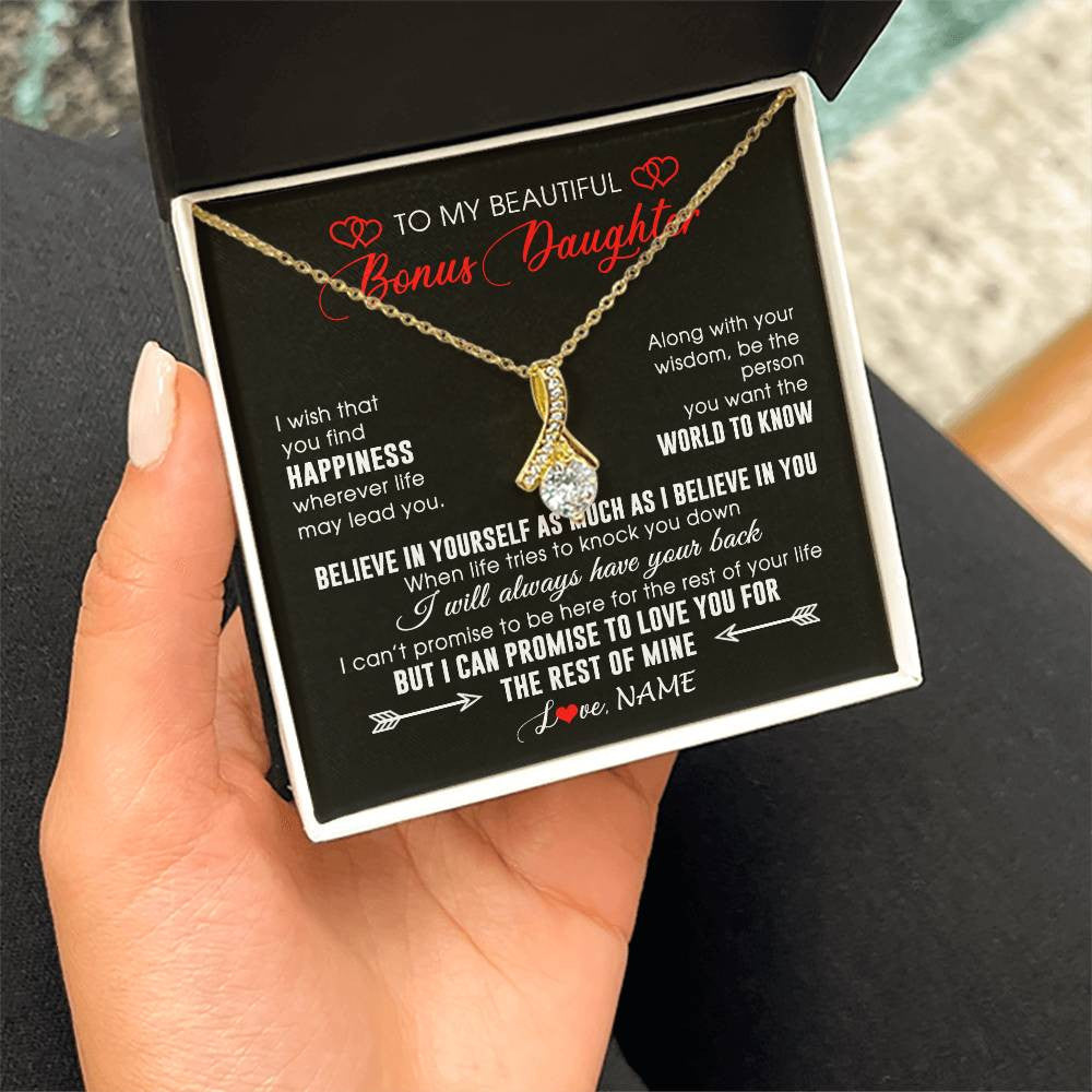 Alluring Beauty Necklace 18K Yellow Gold Finish | Personalized To My Beautiful Bonus Daughter Necklace From Stepmom Stepdad Happiness Wherever Life Birthday Graduation Christmas Customized Gift Box Message Card | siriusteestore