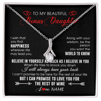 Alluring Beauty Necklace 14K White Gold Finish | Personalized To My Beautiful Bonus Daughter Necklace From Stepmom Stepdad Happiness Wherever Life Birthday Graduation Christmas Customized Gift Box Message Card | siriusteestore