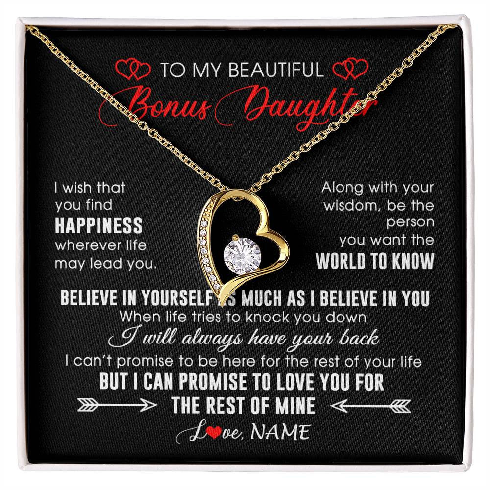 Forever Love Necklace 18K Yellow Gold Finish | Personalized To My Beautiful Bonus Daughter Necklace From Stepmom Stepdad Happiness Wherever Life Birthday Graduation Christmas Customized Gift Box Message Card | siriusteestore