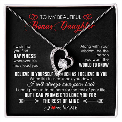 Forever Love Necklace 14K White Gold Finish | Personalized To My Beautiful Bonus Daughter Necklace From Stepmom Stepdad Happiness Wherever Life Birthday Graduation Christmas Customized Gift Box Message Card | siriusteestore