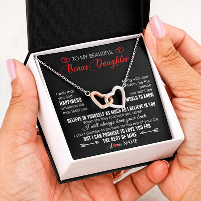 Interlocking Hearts Necklace Stainless Steel & Rose Gold Finish | Personalized To My Beautiful Bonus Daughter Necklace From Stepmom Stepdad Happiness Wherever Life Birthday Graduation Christmas Customized Gift Box Message Card | siriusteestore