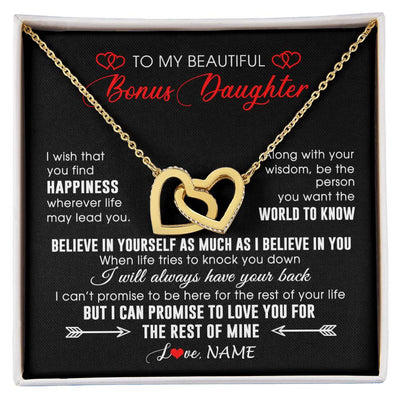 Interlocking Hearts Necklace 18K Yellow Gold Finish | Personalized To My Beautiful Bonus Daughter Necklace From Stepmom Stepdad Happiness Wherever Life Birthday Graduation Christmas Customized Gift Box Message Card | siriusteestore