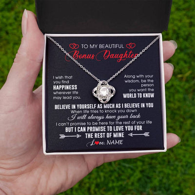 Love Knot Necklace 14K White Gold Finish | Personalized To My Beautiful Bonus Daughter Necklace From Stepmom Stepdad Happiness Wherever Life Birthday Graduation Christmas Customized Gift Box Message Card | siriusteestore