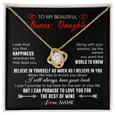 Love Knot Necklace 18K Yellow Gold Finish | Personalized To My Beautiful Bonus Daughter Necklace From Stepmom Stepdad Happiness Wherever Life Birthday Graduation Christmas Customized Gift Box Message Card | siriusteestore