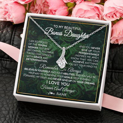 Alluring Beauty Necklace 14K White Gold Finish | Personalized To My Beautiful Bonus Daughter Necklace From Stepmom Stepdad Never Give Up Birthday Graduation Motivational Quote Customized Gift Box Message Card | siriusteestore