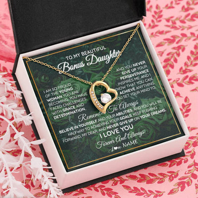 Forever Love Necklace 18K Yellow Gold Finish | Personalized To My Beautiful Bonus Daughter Necklace From Stepmom Stepdad Never Give Up Birthday Graduation Motivational Quote Customized Gift Box Message Card | siriusteestore