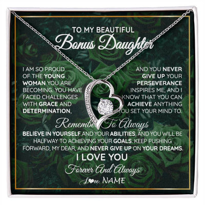 Forever Love Necklace 14K White Gold Finish | Personalized To My Beautiful Bonus Daughter Necklace From Stepmom Stepdad Never Give Up Birthday Graduation Motivational Quote Customized Gift Box Message Card | siriusteestore