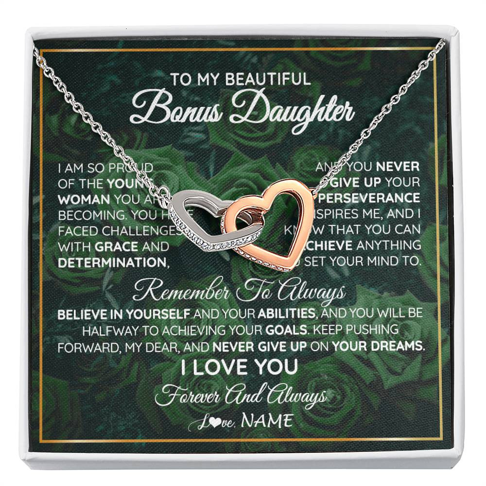 Interlocking Hearts Necklace Stainless Steel & Rose Gold Finish | Personalized To My Beautiful Bonus Daughter Necklace From Stepmom Stepdad Never Give Up Birthday Graduation Motivational Quote Customized Gift Box Message Card | siriusteestore
