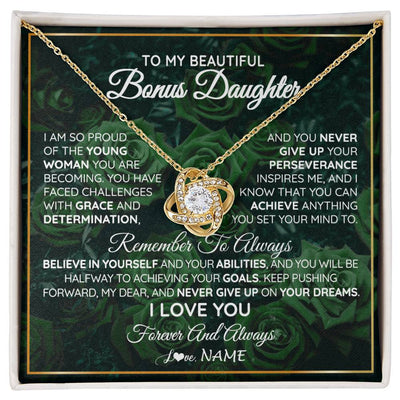 Love Knot Necklace 18K Yellow Gold Finish | Personalized To My Beautiful Bonus Daughter Necklace From Stepmom Stepdad Never Give Up Birthday Graduation Motivational Quote Customized Gift Box Message Card | siriusteestore