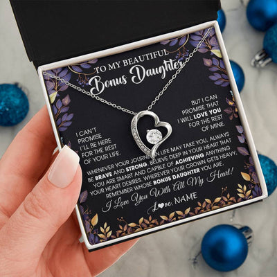 Forever Love Necklace 14K White Gold Finish | 2 | Personalized To My Beautiful Bonus Daughter Necklace From Stepmom Stepdad Promise Necklace Birthday Gift For Stepddaughter Graduation Christmas Message Card | siriusteestore