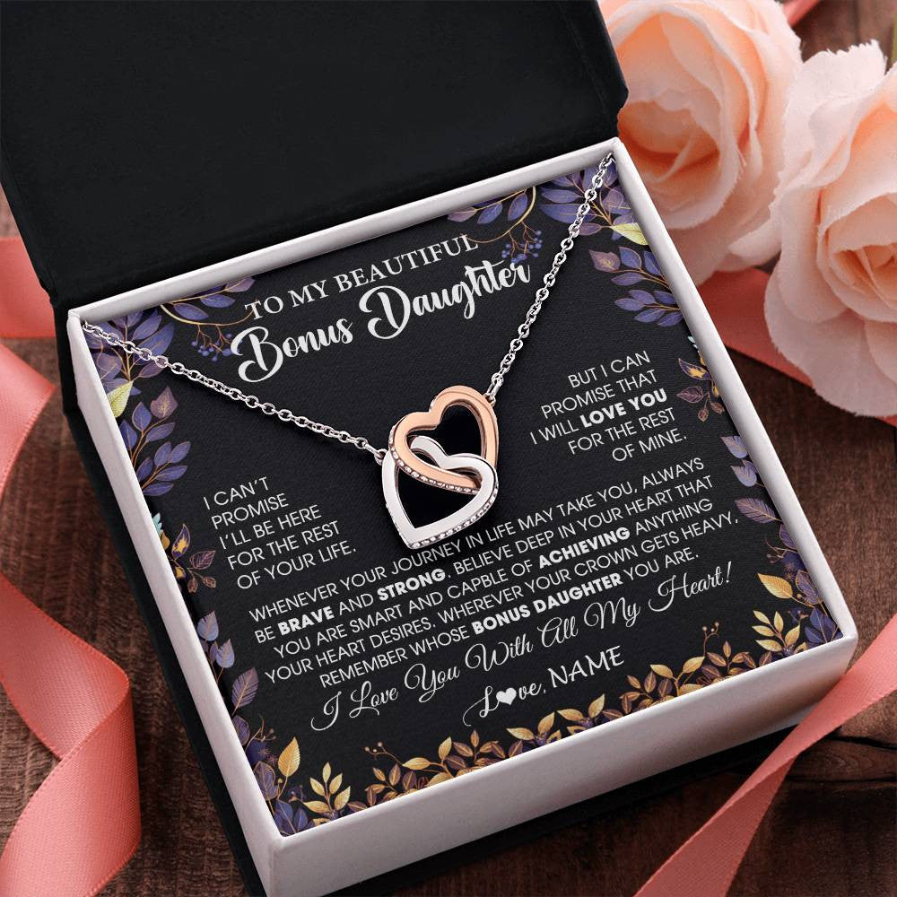 Interlocking Hearts Necklace Stainless Steel & Rose Gold Finish | 2 | Personalized To My Beautiful Bonus Daughter Necklace From Stepmom Stepdad Promise Necklace Birthday Gift For Stepddaughter Graduation Christmas Message Card | siriusteestore