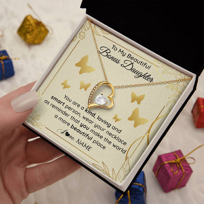 Forever Love Necklace 18K Yellow Gold Finish | 2 | Personalized To My Beautiful Bonus Daughter Necklace From Stepmom You Are A Kind Loving Stepddaughter Birthday Gifts Christmas Customized Gift Box Message Card | siriusteestore