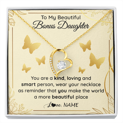 Forever Love Necklace 18K Yellow Gold Finish | 1 | Personalized To My Beautiful Bonus Daughter Necklace From Stepmom You Are A Kind Loving Stepddaughter Birthday Gifts Christmas Customized Gift Box Message Card | siriusteestore
