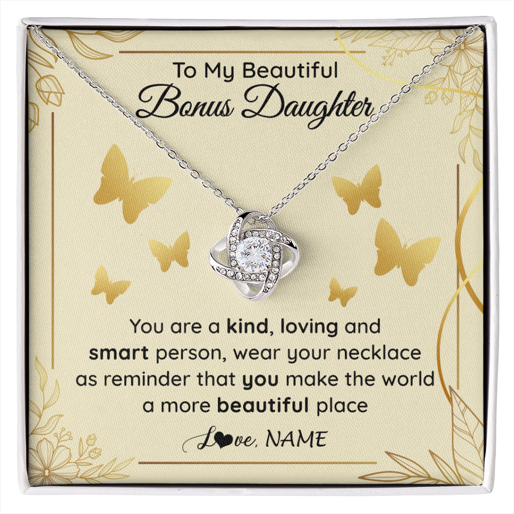 Love Knot Necklace 14K White Gold Finish | 1 | Personalized To My Beautiful Bonus Daughter Necklace From Stepmom You Are A Kind Loving Stepddaughter Birthday Gifts Christmas Customized Gift Box Message Card | siriusteestore