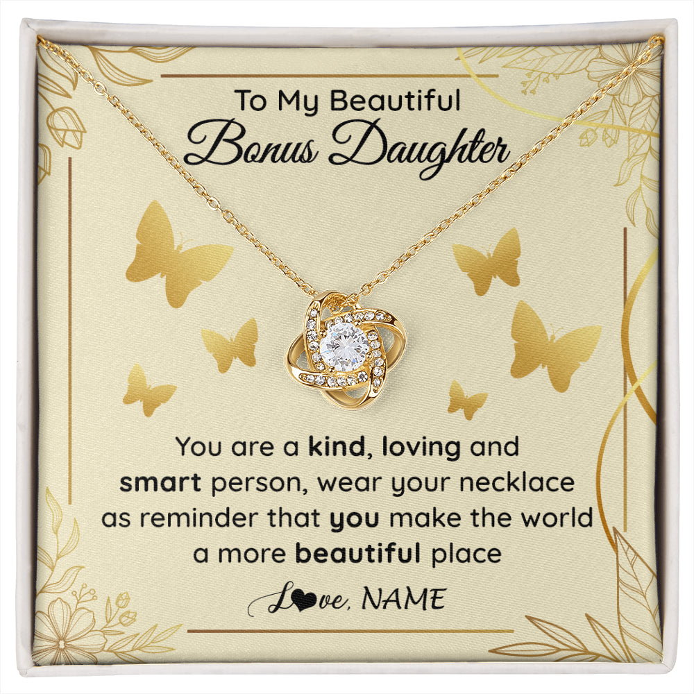 Love Knot Necklace 18K Yellow Gold Finish | 1 | Personalized To My Beautiful Bonus Daughter Necklace From Stepmom You Are A Kind Loving Stepddaughter Birthday Gifts Christmas Customized Gift Box Message Card | siriusteestore