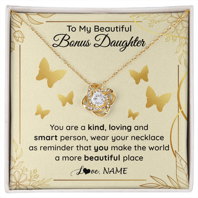 Love Knot Necklace 18K Yellow Gold Finish | 1 | Personalized To My Beautiful Bonus Daughter Necklace From Stepmom You Are A Kind Loving Stepddaughter Birthday Gifts Christmas Customized Gift Box Message Card | siriusteestore