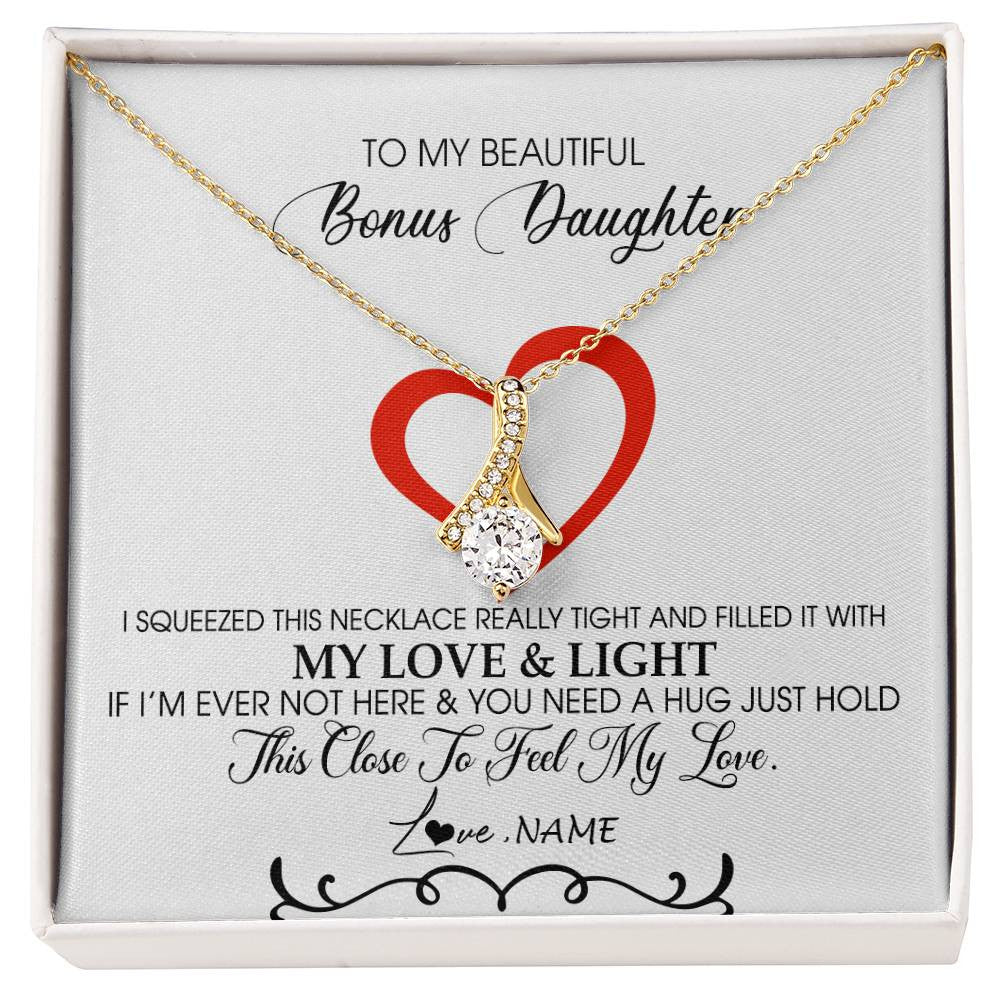 Alluring Beauty Necklace 18K Yellow Gold Finish | Personalized To My Beautiful Bonus Daughter Necklace From Stepmother Filled With My Love and Light Stepdaughter Birthday Christmas Customized Message Card | siriusteestore