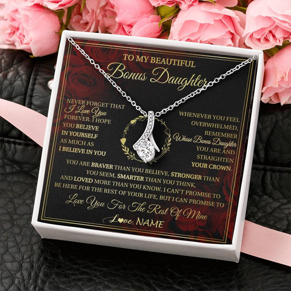 Alluring Beauty Necklace 14K White Gold Finish | 2 | Personalized To My Beautiful Bonus Daughter Necklace Gift From Stepmom Dad I Love You Bonus Daughter Birthday Gifts Christmas Customized Gift Box Message Card | siriusteestore
