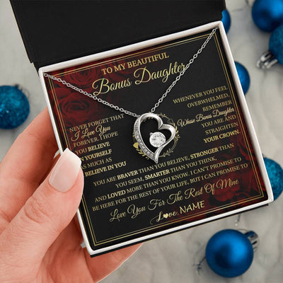 Forever Love Necklace 14K White Gold Finish | 2 | Personalized To My Beautiful Bonus Daughter Necklace Gift From Stepmom Dad I Love You Bonus Daughter Birthday Gifts Christmas Customized Gift Box Message Card | siriusteestore