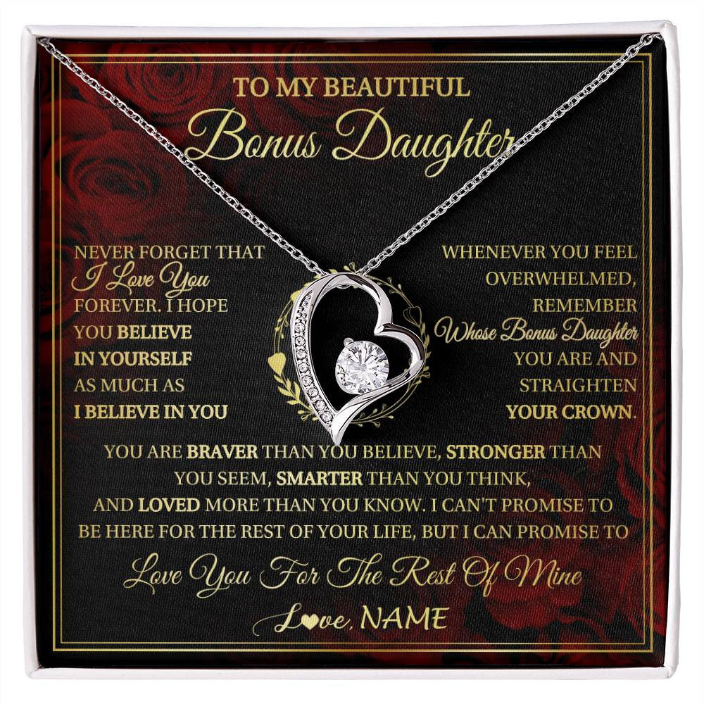 Forever Love Necklace 14K White Gold Finish | 1 | Personalized To My Beautiful Bonus Daughter Necklace Gift From Stepmom Dad I Love You Bonus Daughter Birthday Gifts Christmas Customized Gift Box Message Card | siriusteestore