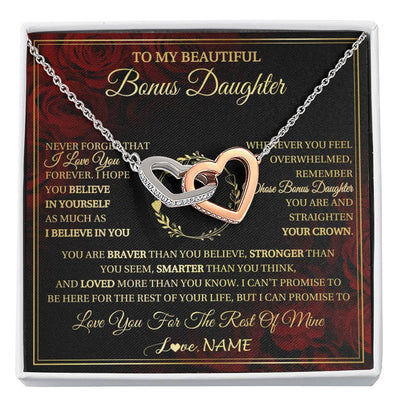 Interlocking Hearts Necklace Stainless Steel & Rose Gold Finish | 1 | Personalized To My Beautiful Bonus Daughter Necklace Gift From Stepmom Dad I Love You Bonus Daughter Birthday Gifts Christmas Customized Gift Box Message Card | siriusteestore
