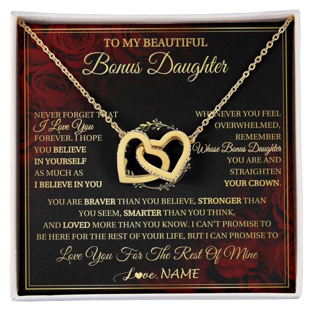 Interlocking Hearts Necklace 18K Yellow Gold Finish | 1 | Personalized To My Beautiful Bonus Daughter Necklace Gift From Stepmom Dad I Love You Bonus Daughter Birthday Gifts Christmas Customized Gift Box Message Card | siriusteestore