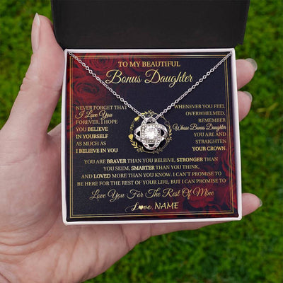 Love Knot Necklace 14K White Gold Finish | 2 | Personalized To My Beautiful Bonus Daughter Necklace Gift From Stepmom Dad I Love You Bonus Daughter Birthday Gifts Christmas Customized Gift Box Message Card | siriusteestore