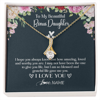 Alluring Beauty Necklace 18K Yellow Gold Finish | 1 | Personalized To My Beautiful Bonus Daughter Necklace I Love You Birthday Gifts Unbiological Daughter Stepdaughter Christmas Customized Gift Box Message Card | siriusteestore