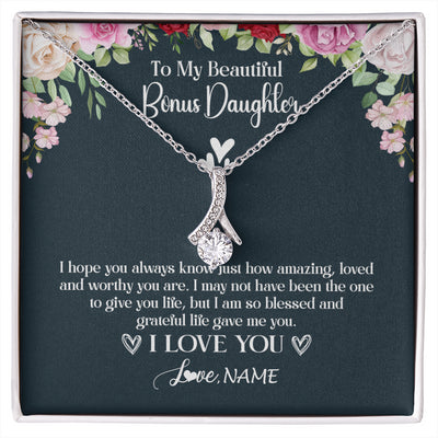 Alluring Beauty Necklace 14K White Gold Finish | 1 | Personalized To My Beautiful Bonus Daughter Necklace I Love You Birthday Gifts Unbiological Daughter Stepdaughter Christmas Customized Gift Box Message Card | siriusteestore