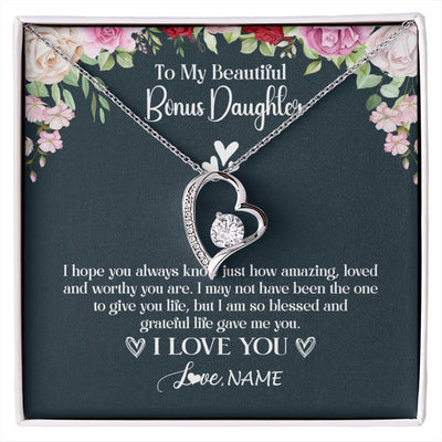 Forever Love Necklace 14K White Gold Finish | 1 | Personalized To My Beautiful Bonus Daughter Necklace I Love You Birthday Gifts Unbiological Daughter Stepdaughter Christmas Customized Gift Box Message Card | siriusteestore