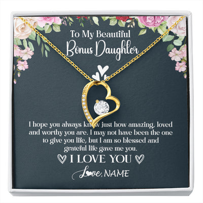 Forever Love Necklace 18K Yellow Gold Finish | 1 | Personalized To My Beautiful Bonus Daughter Necklace I Love You Birthday Gifts Unbiological Daughter Stepdaughter Christmas Customized Gift Box Message Card | siriusteestore