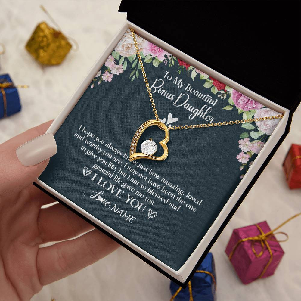 Forever Love Necklace 18K Yellow Gold Finish | 2 | Personalized To My Beautiful Bonus Daughter Necklace I Love You Birthday Gifts Unbiological Daughter Stepdaughter Christmas Customized Gift Box Message Card | siriusteestore