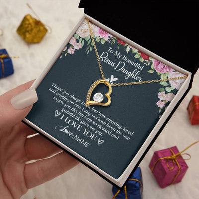Forever Love Necklace 18K Yellow Gold Finish | 2 | Personalized To My Beautiful Bonus Daughter Necklace I Love You Birthday Gifts Unbiological Daughter Stepdaughter Christmas Customized Gift Box Message Card | siriusteestore