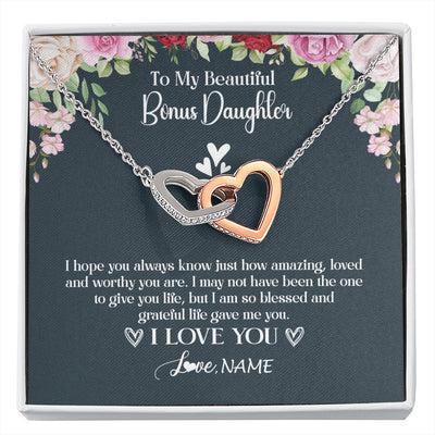 Interlocking Hearts Necklace Stainless Steel & Rose Gold Finish | 1 | Personalized To My Beautiful Bonus Daughter Necklace I Love You Birthday Gifts Unbiological Daughter Stepdaughter Christmas Customized Gift Box Message Card | siriusteestore