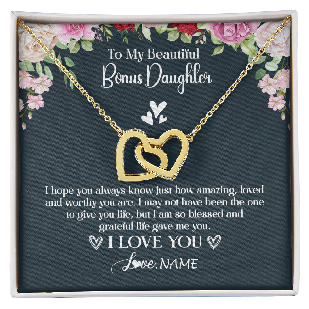 Interlocking Hearts Necklace 18K Yellow Gold Finish | 1 | Personalized To My Beautiful Bonus Daughter Necklace I Love You Birthday Gifts Unbiological Daughter Stepdaughter Christmas Customized Gift Box Message Card | siriusteestore