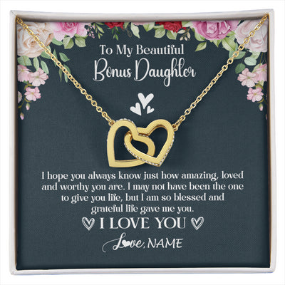 Interlocking Hearts Necklace 18K Yellow Gold Finish | 1 | Personalized To My Beautiful Bonus Daughter Necklace I Love You Birthday Gifts Unbiological Daughter Stepdaughter Christmas Customized Gift Box Message Card | siriusteestore