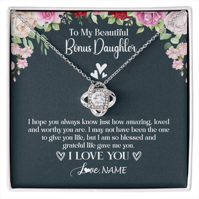Love Knot Necklace 14K White Gold Finish | 1 | Personalized To My Beautiful Bonus Daughter Necklace I Love You Birthday Gifts Unbiological Daughter Stepdaughter Christmas Customized Gift Box Message Card | siriusteestore