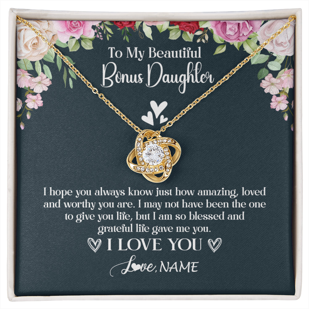 Love Knot Necklace 18K Yellow Gold Finish | 1 | Personalized To My Beautiful Bonus Daughter Necklace I Love You Birthday Gifts Unbiological Daughter Stepdaughter Christmas Customized Gift Box Message Card | siriusteestore