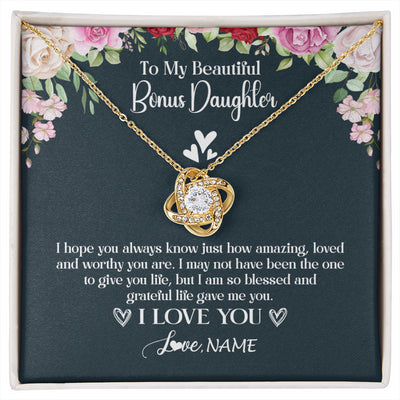 Love Knot Necklace 18K Yellow Gold Finish | 1 | Personalized To My Beautiful Bonus Daughter Necklace I Love You Birthday Gifts Unbiological Daughter Stepdaughter Christmas Customized Gift Box Message Card | siriusteestore