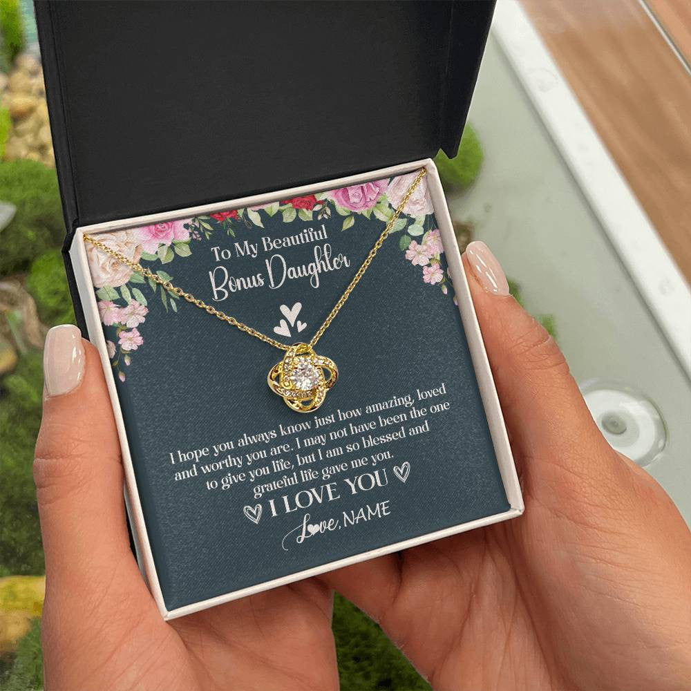 Love Knot Necklace 18K Yellow Gold Finish | 2 | Personalized To My Beautiful Bonus Daughter Necklace I Love You Birthday Gifts Unbiological Daughter Stepdaughter Christmas Customized Gift Box Message Card | siriusteestore