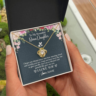 Love Knot Necklace 18K Yellow Gold Finish | 2 | Personalized To My Beautiful Bonus Daughter Necklace I Love You Birthday Gifts Unbiological Daughter Stepdaughter Christmas Customized Gift Box Message Card | siriusteestore