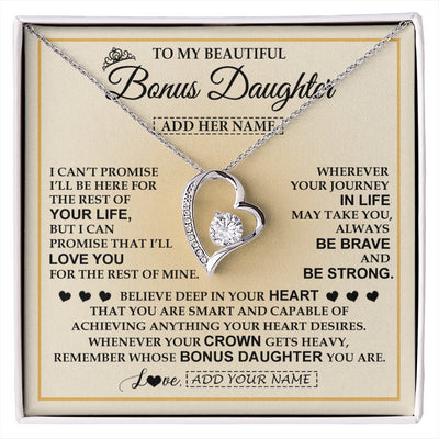 Forever Love Necklace 14K White Gold Finish | 1 | Personalized To My Beautiful Bonus Daughter Necklace Jewelry Present For Women Stepddaughter Birthday Mother's Day Wedding Day Christmas Gift Box Message Card | siriusteestore