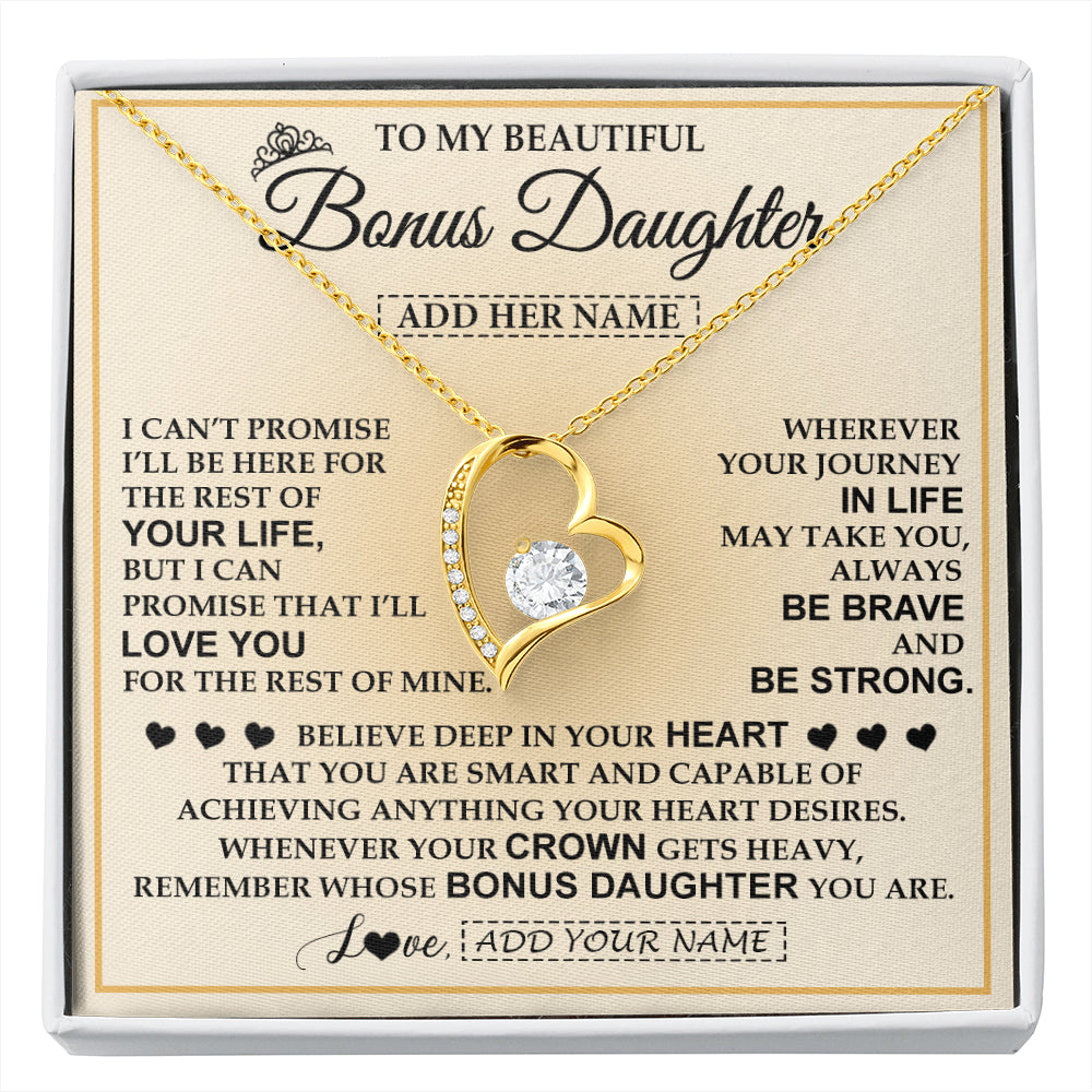 Forever Love Necklace 18K Yellow Gold Finish | 1 | Personalized To My Beautiful Bonus Daughter Necklace Jewelry Present For Women Stepddaughter Birthday Mother's Day Wedding Day Christmas Gift Box Message Card | siriusteestore