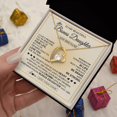 Forever Love Necklace 18K Yellow Gold Finish | 2 | Personalized To My Beautiful Bonus Daughter Necklace Jewelry Present For Women Stepddaughter Birthday Mother's Day Wedding Day Christmas Gift Box Message Card | siriusteestore