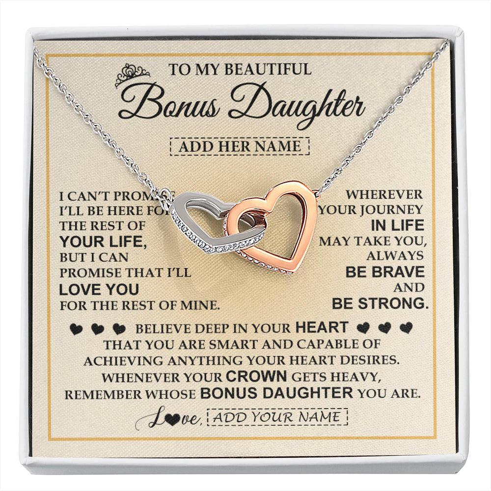 Interlocking Hearts Necklace Stainless Steel & Rose Gold Finish | 1 | Personalized To My Beautiful Bonus Daughter Necklace Jewelry Present For Women Stepddaughter Birthday Mother's Day Wedding Day Christmas Gift Box Message Card | siriusteestore