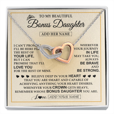 Interlocking Hearts Necklace Stainless Steel & Rose Gold Finish | 1 | Personalized To My Beautiful Bonus Daughter Necklace Jewelry Present For Women Stepddaughter Birthday Mother's Day Wedding Day Christmas Gift Box Message Card | siriusteestore